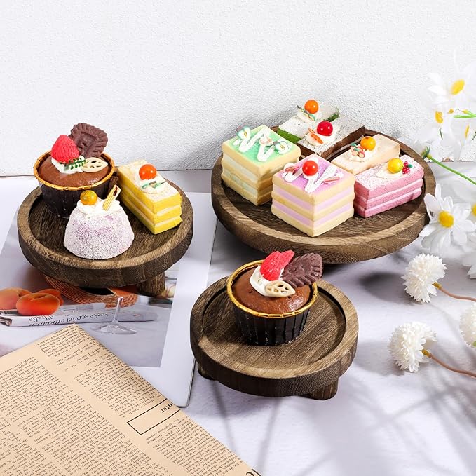 6PCS Wooden Risers for Display, Round Pedestal Counter Decor Holder, Rustic Riser Tray, Wood Cake Stand for Party Home Kitchen Counter Decor, 8/6/5 inch, Rustic Brown
