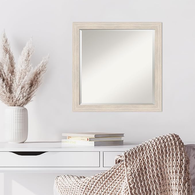 Amanti Art White Wall Mirror 23x23 Hardwood White Wash Narrow Square Bathroom Mirror for Wall Decor Living Room, Medium Country Rustic Wood Frame, Hangs Horizonally and Vertically, Bathroom Decor,