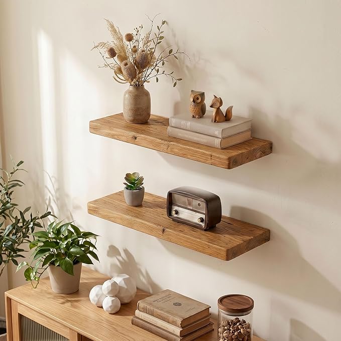 Dreamland 24" Rustic Elm Wood Floating Shelves, 8 Inch Deep Wall Shelves, Wall Mounted Floating Shelf with Invisible Bracket, Heavy-Duty Display Shelf - for Living Room, Kitchen, Bathroom, Set of 2