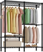 H18 Garment Rack for Hanging Clothes, 3 Tiers Portable Closet with 2 Hanger Rods, Freestanding Clothes Rack, 44.9" W x 14.6" D x 76.4" H, Max Load 600lbs, Black