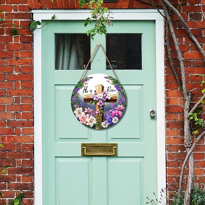 Harooni Easter Cross Sign, 12inch Bright/Vibrant Wooden Wall Mount Rustic Sign with 'He is Risen', Includes Twine, 12x12 inches