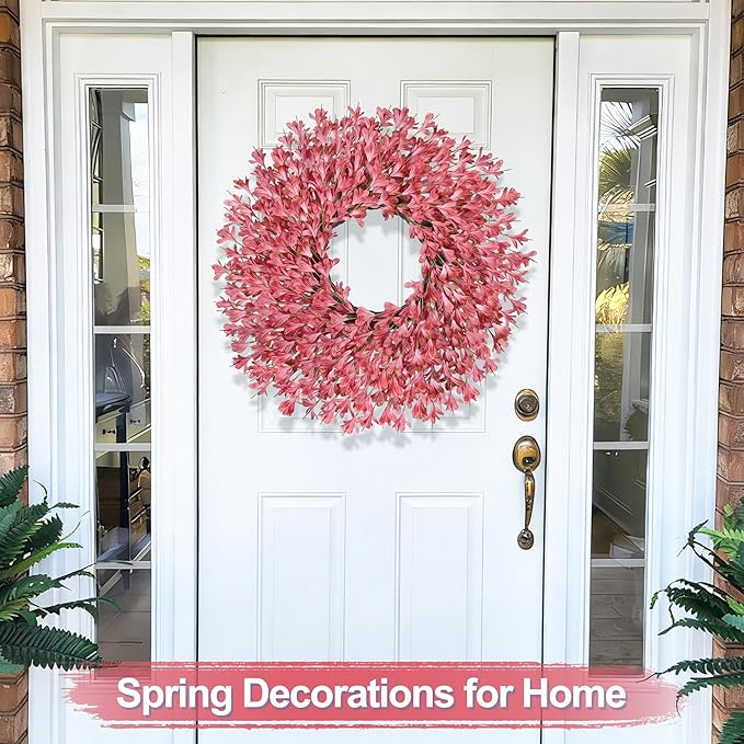 26 Inch Spring Wreaths for Front Door Large Easter Valentines Forsythia Floral Summer Spring Door Wreaths Outdoor All Season Spring Decorations for Home Porch Room Window Wall Farmhouse Decor(Pink-1)