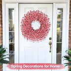 26 Inch Spring Wreaths for Front Door Large Easter Valentines Forsythia Floral Summer Spring Door Wreaths Outdoor All Season Spring Decorations for Home Porch Room Window Wall Farmhouse Decor(Pink-1)