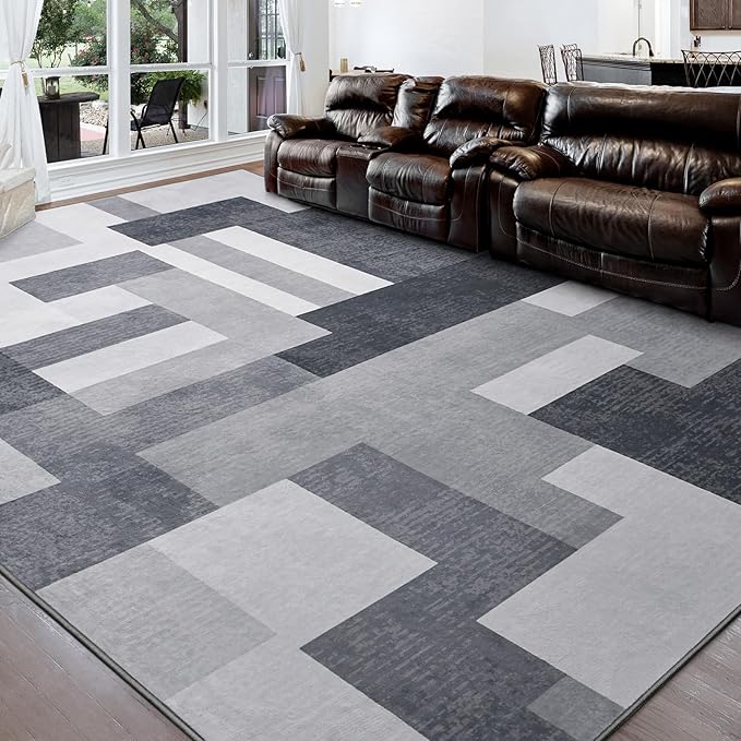 FlyDOIT Modern Geometric Patchwork Area Rug, 6x9 Gray Large Rugs for Living Room, Rockwood Collection Indoor Rugs for Bedroom, Throw Carpet Floor Decor for Entryway Dining Room Office Dorm Nursery