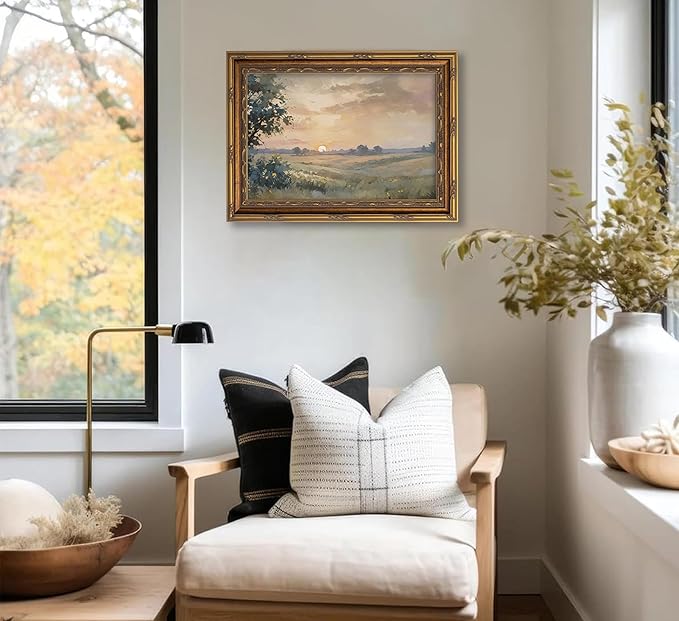 Vintage Gold Framed Wall Art Retro Fall Sunset Country Oil Painting Canvas Prints Watercolor Autumn Landscape Picture Rustic Farmhouse Soft Nature Poster Artwork for Living Room Bedroom, 12x16in