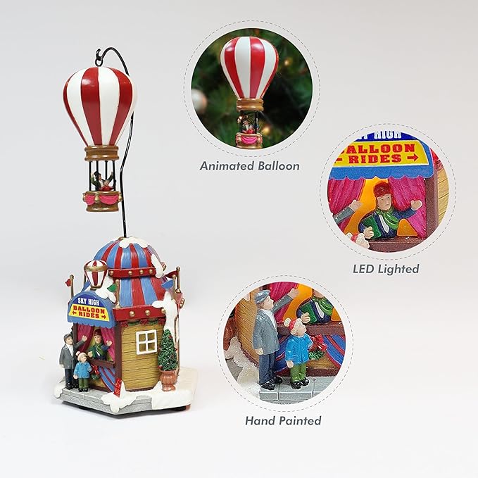 MOMENTS IN TIME Christmas Village Sky High Hot Air Balloon Rides 12.2”H Animated Lighted Musical Scene Battery Operated Polyresin Holiday Décor Festive Tabletop Collectible Gift