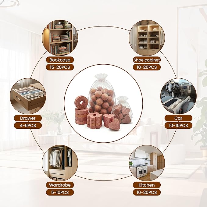 Cedar Blocks for Clothes Storage, Natural Cedar Wood Sachets, Balls & Rings for Closets and Drawers, 100% Natural & Fresh Scented Wardrobe Organizer, 55 Pack