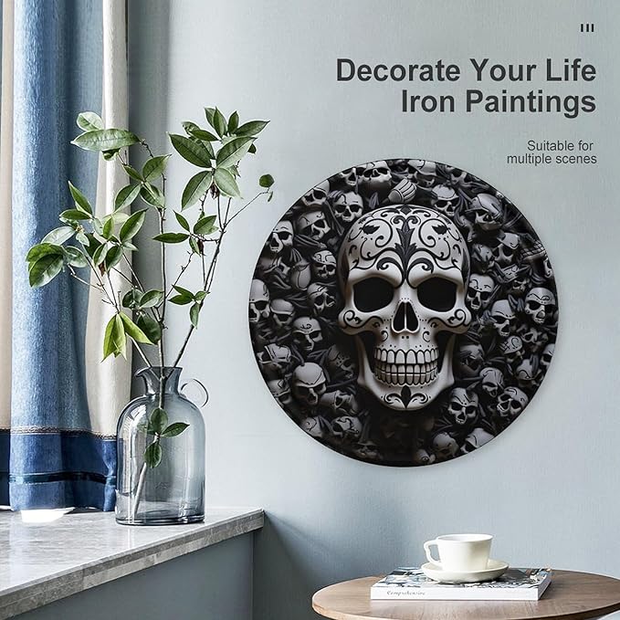 Wall Picture, with Black and White Skulls Printed Circular Iron Hanging Picture,Wall Art Decor,Home for Bedroom Living Room Bathroom Decor,Iron Painting 11.8X11.8 in