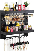 Pinzoveco Hanging Jewelry Organizer Wall Mounted With Wall Jewelry Organizer Holder For Necklaces Bracelet Earrings Ring (Black)