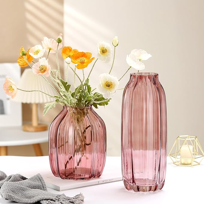 Large Ribbed Tall Pink Glass Vase - 12.0" Decorative Floor Vase for Home Table Centerpieces and Farmhouse