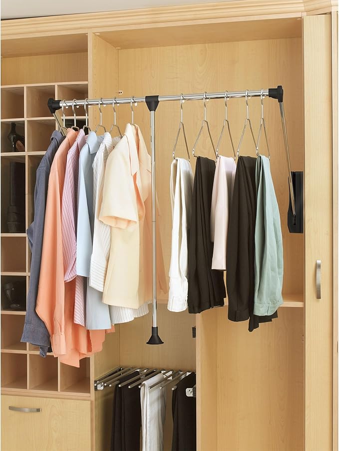 Rev-A-Shelf 21.5 to 26 Inch Pull Down Adjustable Side Mounted Closet Rod for Cabinets with Telescoping Handle and Hardware, Chrome, CPDR-1826