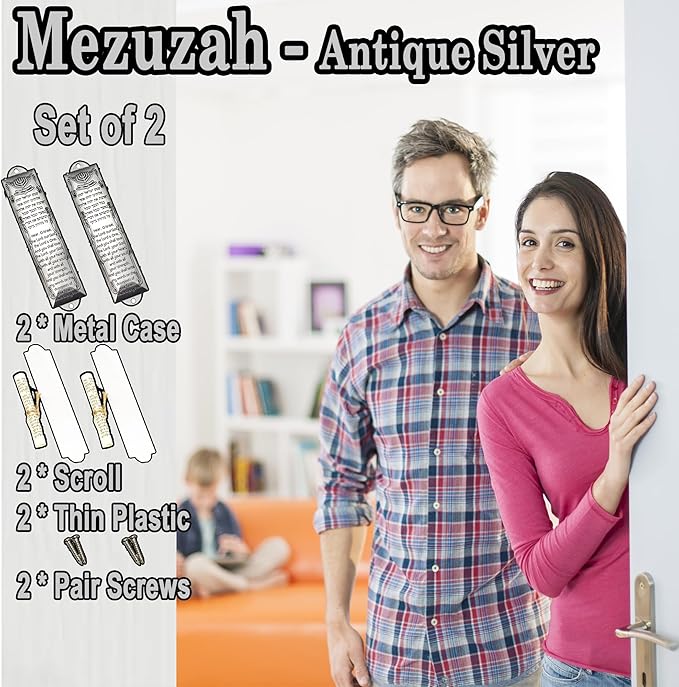 2 Pack Mezuzah with Scroll for Door - Jewish Mezuzah for Door Metal Cases with English and Hebrew Blessing for House Warming Hanukkah Gift (Antique Silvers)