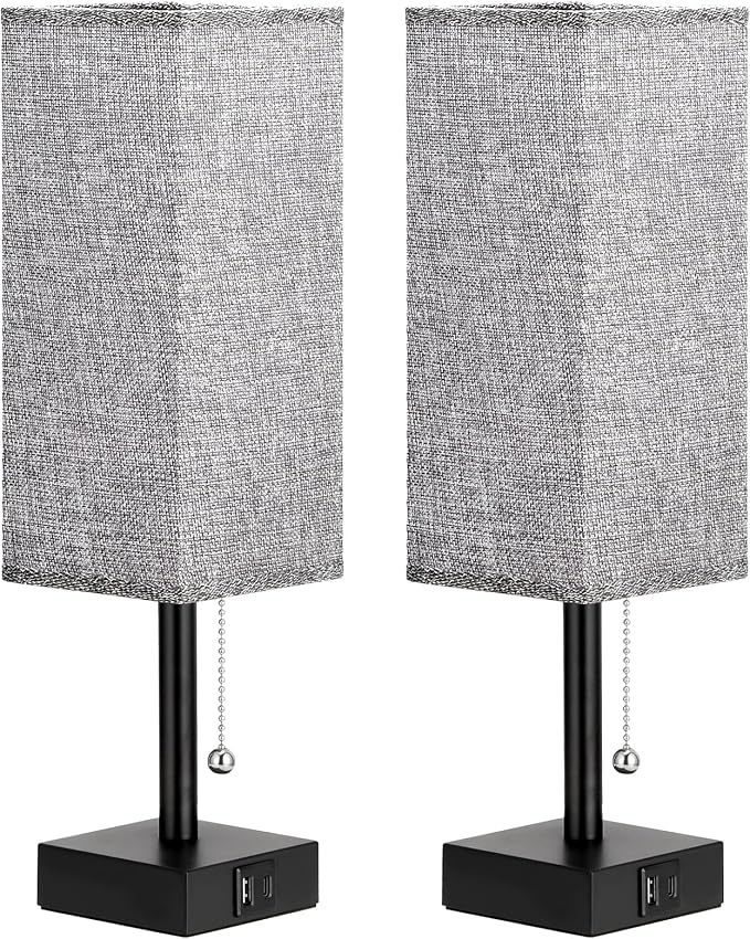 aooshine Bedside Table Lamps Set of 2 - Gray Bedroom Lamps with 3 Color Temperatures (3000K/5000K/4000K), Square Nightstand Light with USB C + A Charging Ports, Pull Chain Small Night Light