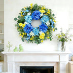 26 Inch Spring Wreaths for Front Door Outside Large Artificial Summer Wreath Silk Hydrangea Wreath with Yellow Daisy and Eucalyptus Leaves Indoor Outdoor Porch Rustic Farmhouse Home Wall Wedding Decor