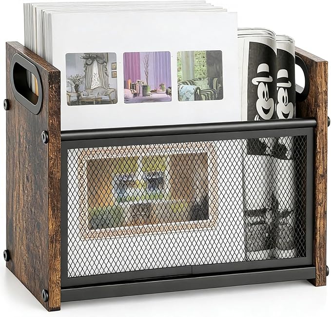 Rustic Magazine Holder, Wood Magazine Rack Floor, Magazine Storage Basket, Mesh Magazine File Holder, Magazine Holders for Shelves，Magazine Stand for Desk, Folder Organizer Bin for Magazines