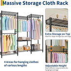 Heavy Duty Clothes Rack,Load 1631LBS Garment Rack Portable Closet,Free Standing Closet Organizers and storage with Adjustable Shelves, Hanging Rods, Dividable Black 76.5"H x 67.6"L x 15.5"W