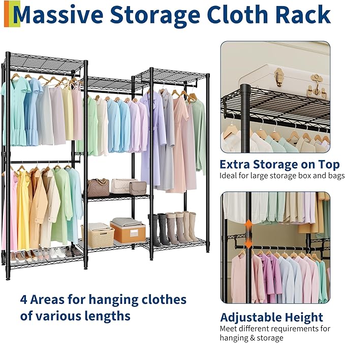 Heavy Duty Clothes Rack,Load 1631LBS Garment Rack Portable Closet,Free Standing Closet Organizers and storage with Adjustable Shelves, Hanging Rods, Dividable Black 76.5"H x 67.6"L x 15.5"W