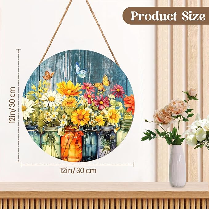 Harooni Spring Summer Floral Door Sign Decor Spring Welcome Wreaths for Front Door Summer Wildflower Vase Butterfly Wood Wreath Farmhouse Front Door Hanger Sign for Indoor Outdoor Decor 12 Inch