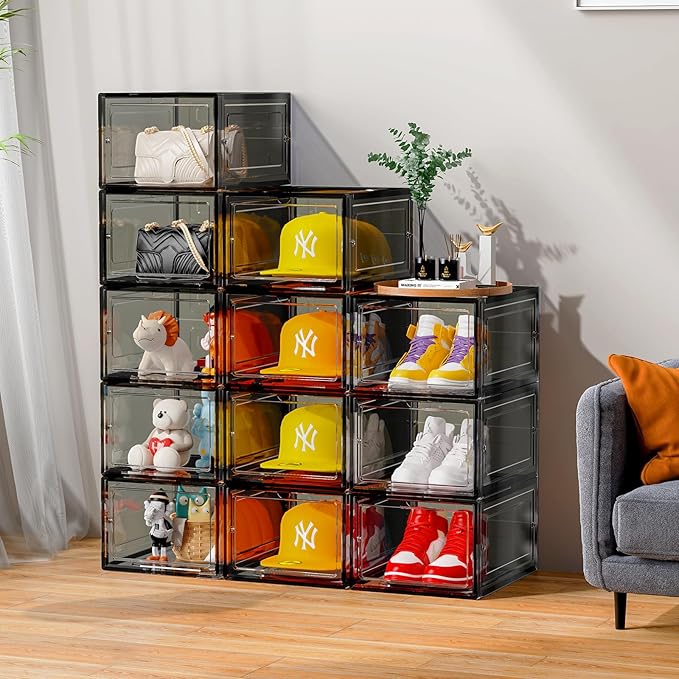 Hat Organizer Box, Stackable Clear Baseball Caps Holder Box Containers with Magnetic Door for Hats Snapback Cap Storag, Hat Rack Display Case, Holds 8 Hats Each (Black, 4 Pack)