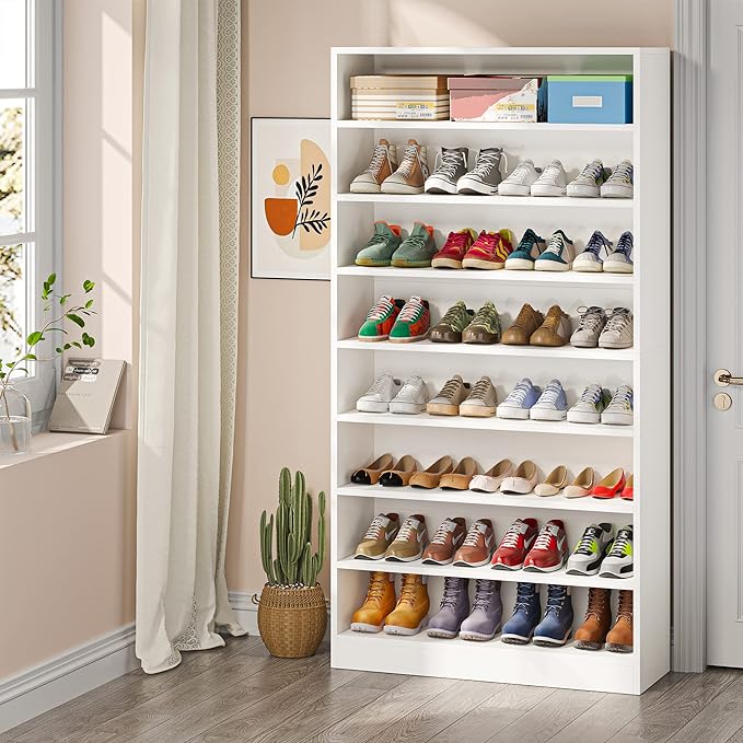 Tribesigns Shoe Cabinet, 9 Tiers 40-45 Pairs Heavy Duty Wood Freestanding Shoe Storage Cabinet, 70.8'' Tall Shoe Cabinet with Open Storage for Entryway, White