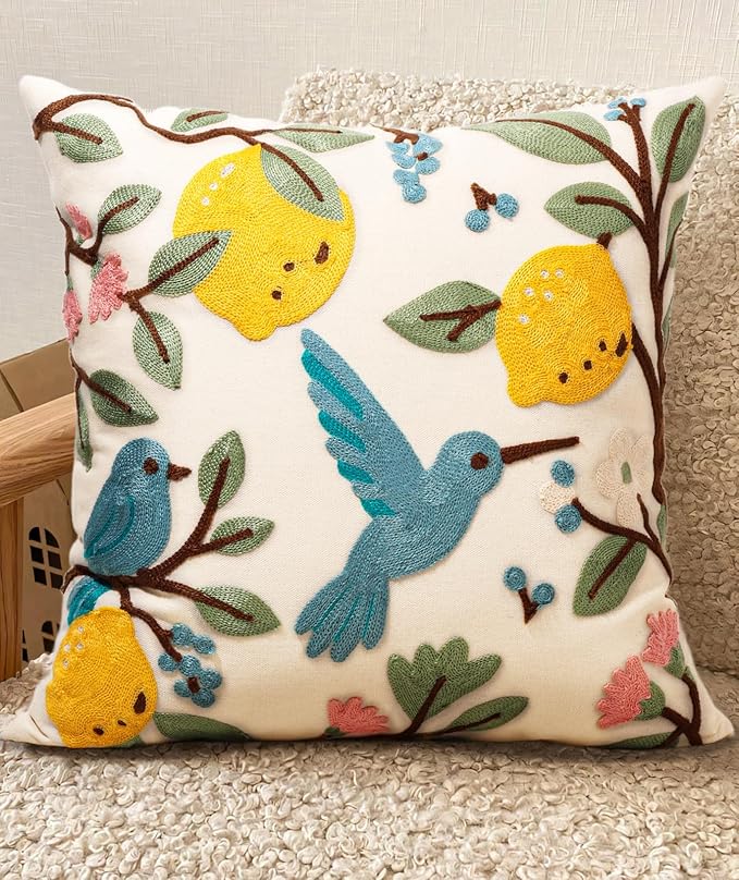 Embroidered Throw Pillow Cover 20x20 Inch - Spring Summer Boho Decorative Pillow Cover with Zipper for Living Room Couch Sofa Bed Aesthetic Design Bird Lemon Cushion Pillowcase