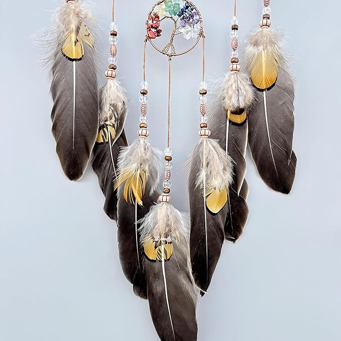 Tree of Life Dream Catcher, Handmade Woven Traditional Craft Rattan Dream Catchers Wall Hanging Ornament,7 Chakras Crystal Healing Stones Art for Bedroom Decor, Festival Blessing Gift (Dark Brown)