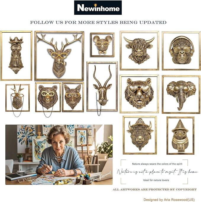 Newinhome Animal Heads Wall Decor (Includes Metal Frame) Resin Animals Sculptures Head Wall Hanging Decoration Gold vintage Wall Sculpture for Living Room Bedroom Office (Penguin)