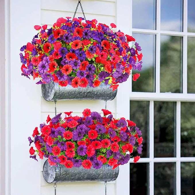12 Bundles Morning Glory Artificial Flowers for Outdoor Decoration UV Resistant Fake Plastic Plants Artificial Greenery for Indoor Outdoor Garden Patio Window Box Home Decor