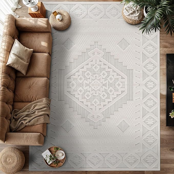 Modern Micro Loop Indoor Area Rugs for Living Room Bedroom Kitchen Geometric Trellis White 9x12 Luxury Durable Low and High Pile Non-Shedding Stain Resistant Soft Area Carpet 9 x 12