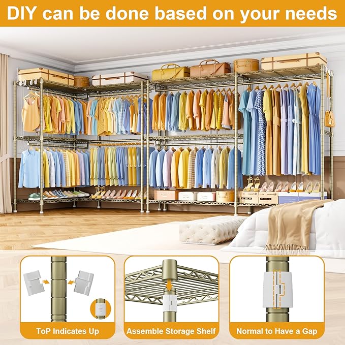 E15 Pro Garment Rack L Shaped Clothes Rack for Corner，Freestanding Clothing Racks for Hanging Clothes，Heavy Duty Closet System with 4 Hanging Rods & 8 S Hooks，48.8"W x 15.8"D x 78.4"H，Gold
