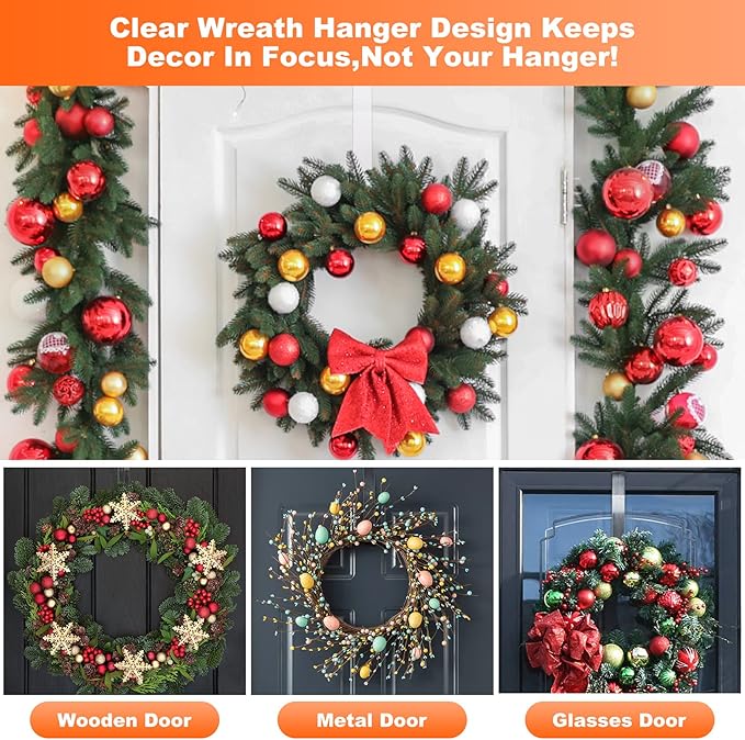 12" Wreath-Hangers for Front Door,2 Pack Christmas Easter Decorations Clear Fall Wreath-Door-Hanger,Welcome Sign for Front Door Inside Outside Over The Door Hooks Organizer Home Holiday Decor