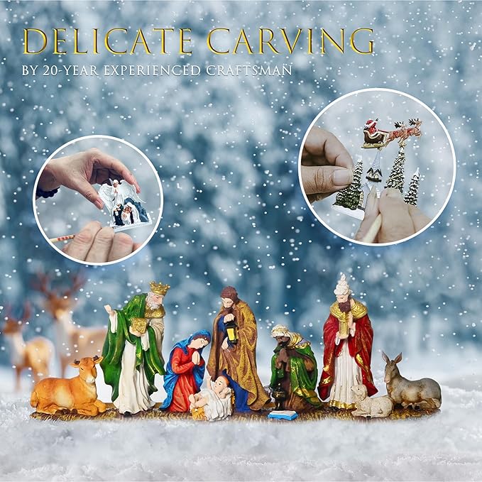Christmas Snow Globes, 11.4" Nativity Glitter Water Lantern with Song, 6H Timer Battery & USB Powered Music Box for Christmas Decorations Indoor