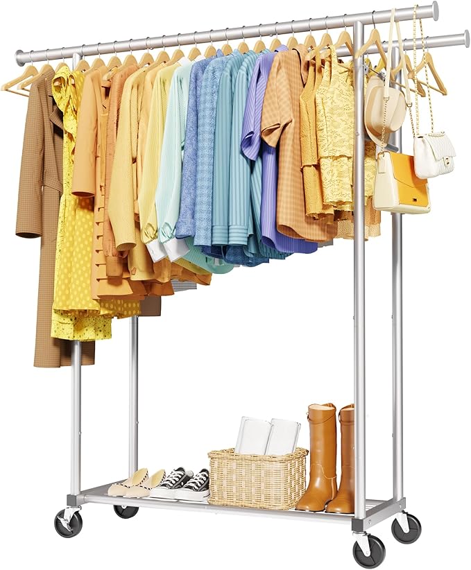 Mobile Double Rod Clothes Rack, Freestanding Garment Organizer with Medium Load Capacity and Bottom Storage Shelf for Home Use,Silver