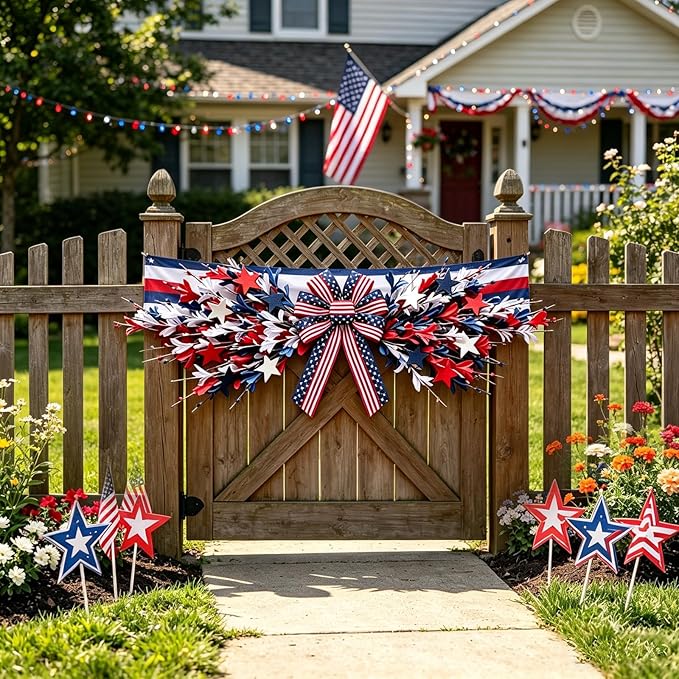 4th of July Patriotic Swag Red White and Blue Memorial Day Front Door Floral Twigs Swag with Forsythia Flowers Stars Independence Day 250th Anniversary Veterans Day Decor for Arch Wall Home Decor