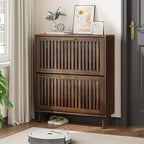 Shoe Cabinet, Shoe Storage Cabinet with Louvered 2 Flip Drawers, Narrow Shoe Cabinet Storage for Entryway, Freestanding Shoe Organizer Cabinet with Golden Handles, Slim Shoe Rack Cabinet (Walnut)