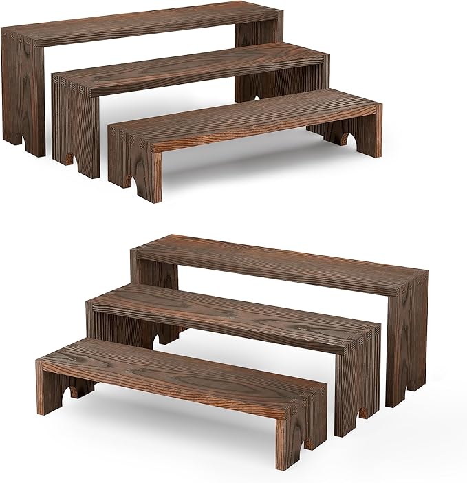 2 Set Wooden Cupcake Stand for Decor, 4 Tiered Stackable Display Risers, Farmhouse Decor Wood Dessert Table Display Set for Party, Vendor Events, Dark Brown