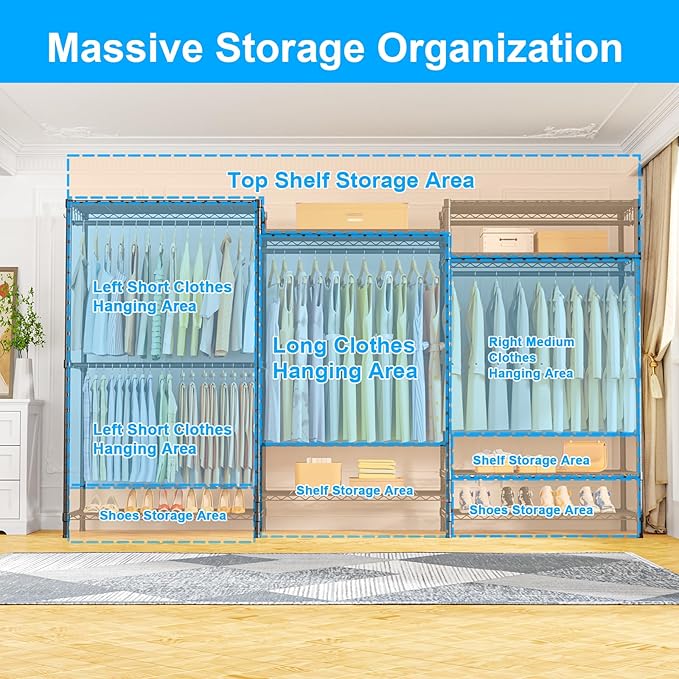 Ulif E13C Max Heavy Duty Closet Organizer System，Freestanding Clothing Racks for Hanging Clothes，Adjustable Garment Rack 86" W x16 D x77 H Hold 1100 lbs，Black Rack with Black Dustproof Cover