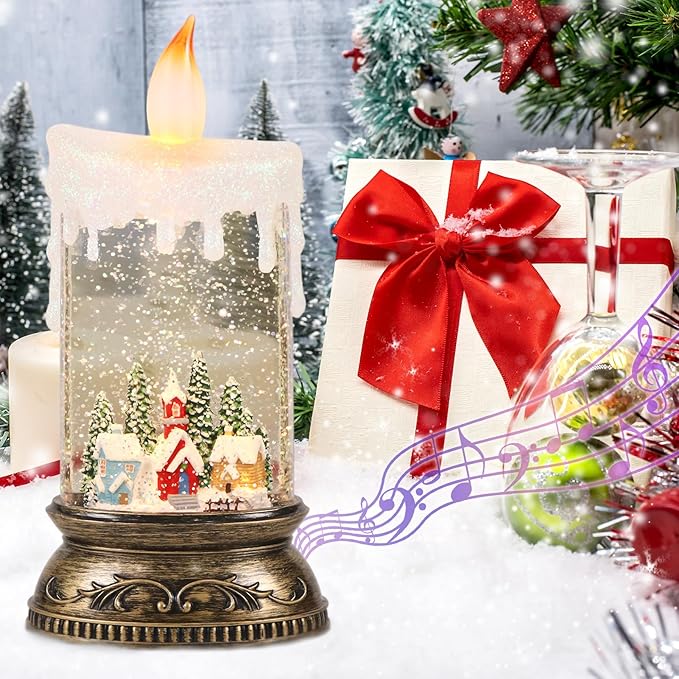 Wondise Rechargeable Musical Snow Globe Lantern with 6H Timer, Battery Operated USB Powered Lighted Snow Globe Lamp Spinning Water Swirling Glitters Holiday Decor-Winter House