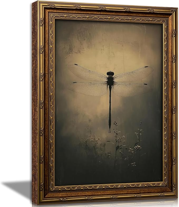 Vintage Gold Framed Wall Art Retro Dark Dragonfly Painting Canvas Prints Gothic Insect Picture Wall Decor Rustic Farmhouse Animal Poster Artwork for Living Room Bedroom Bathroom, 12x16in