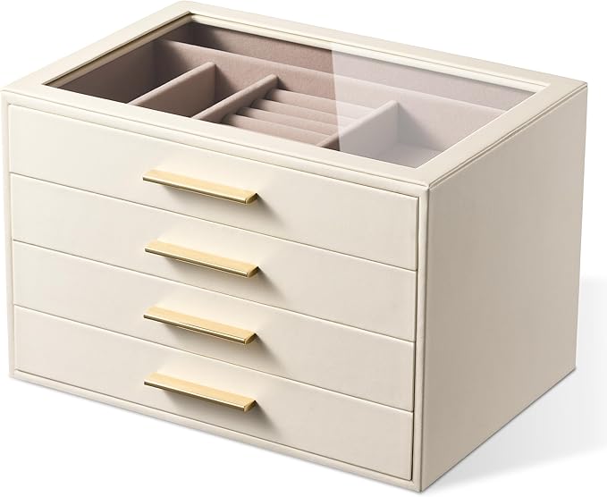 pickpiff Jewelry Box Organizer Case for Women: 4-Layer Jewelry Storage Case with Glass Window, Ivory Leather with Pink Velvet, Holder for Ring Necklace Bracelet Brooch Watch, Great Gift for Her