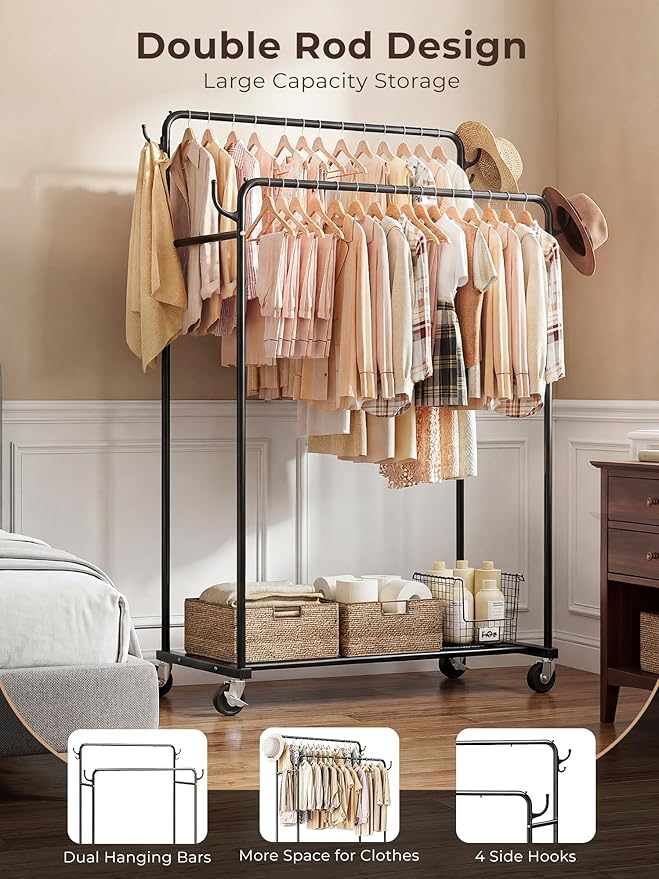 Clothes Rack, Rolling Clothing Rack with Double Rods for Hanging Clothes, Portable Garment Rack with Wheels, Metal Wardrobe Closet Organizer for Bedroom and Laundry Room