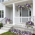 4 Pcs Artificial Fake Petunia Flowers for Outdoor Decoration, Faux Silk Petunias Flower for Spring UV Resistant No Fade Realistic Plants for Garden Balcony Yard Porch Indoor Decor(Purple White)