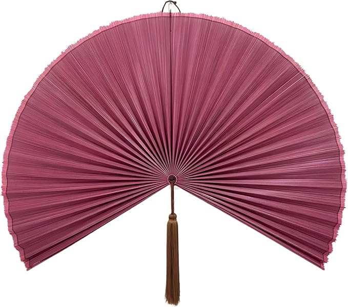 Big Fan Decor 60", Bamboo Wall Fan for King Bed, Japanese Wall Fan Light Pink Handwoven Art, Massive Aesthetic Hanging, Hook Included (Light Pink)
