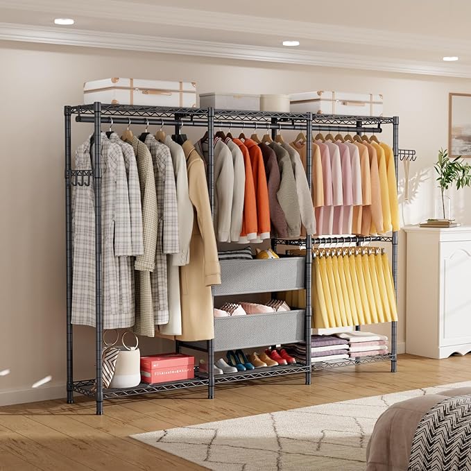 Coat Rack Clothes Wardrobe：Closet Organizer and Storage Clothing Garment Rack with Shelves Heavy Duty for Hanging Clothes Portable Adjustable Black 15.8" DX69 WX76.75 H