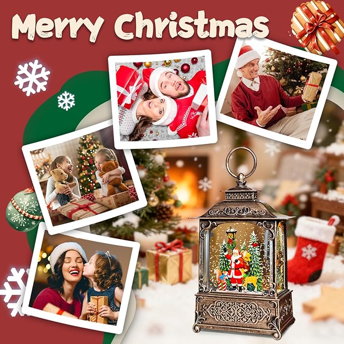 Santa Snow Globe, Reindeer and Christmas Tree Theme, Light up Christmas Snow Globes with Music 6-Hour Timer, Battery-Powered or USB-Powered Gifts for Women Men and Kids, Indoor Christmas Decorations