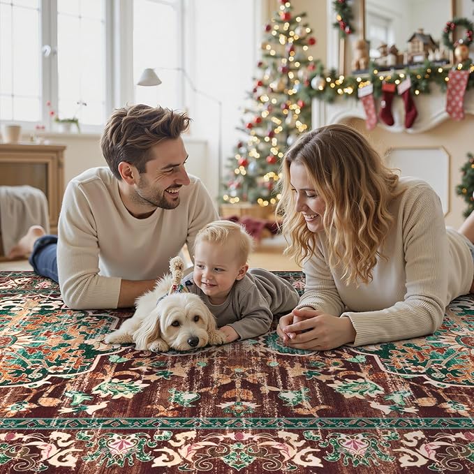 U'Artlines 3' x 18' Boho Hallway Runner Rug, Rust Non Slip Washable Vintage Farmhouse Accent Rug Carpet for Kitchen Entryway Laundry and Living Room (Rust＆Teal)