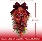 24" Decorative Teardrop Swag, Artificial Christmas Swag with Red Hydrangea & Baubles, Purple Bowknot, Red Berries, Sparkling Leaves, Pine Needles