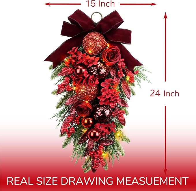 24" Decorative Teardrop Swag, Artificial Christmas Swag with Red Hydrangea & Baubles, Purple Bowknot, Red Berries, Sparkling Leaves, Pine Needles