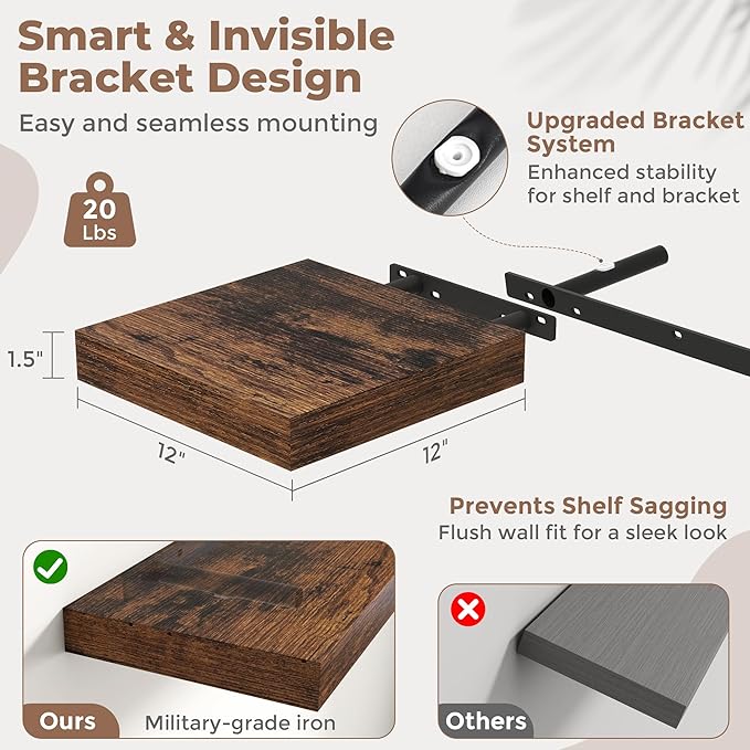 12 Inch Square Floating Shelves for Wall 2 Pack, 12"D Wood Grain Bathroom Shelves with Invisible Brackets, Easy Install Engineered Wood Storage Shelves for Kitchen, Living Room, Rustic Brown Finish