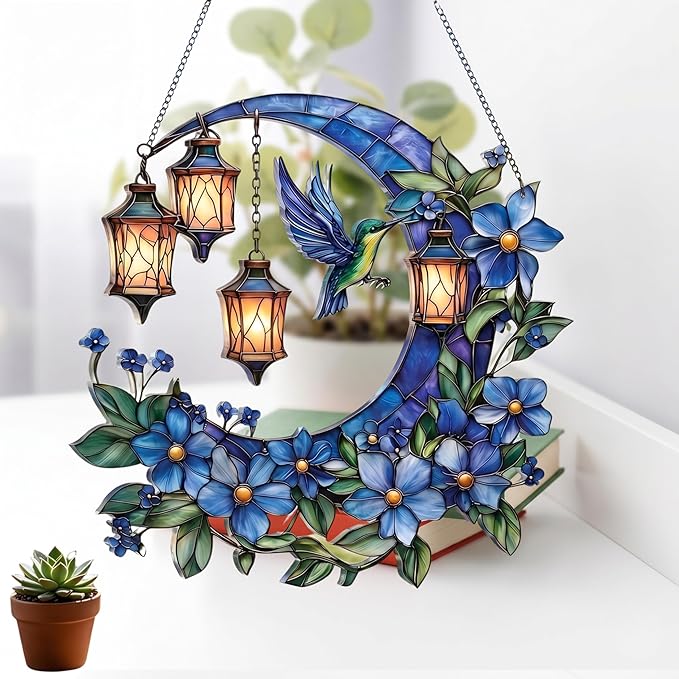 Hummingbird Moon Ornament Acrylic Suncatcher, Stained Glass Style Window Hanging with Lantern and Blue Flowers, 4.5 Inch Decorative Home Decor, Gift for Women, Christmas Ornament(Sun-37)